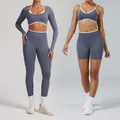 Seamless high-elastic yoga set in grey-blue with long-sleeve crop top and gym leggings - XS / Top And Bottom / Ice Gray