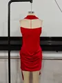 Elegant red satin bodycon tube top mini dress featuring a draped pleated skirt design - XS / Dresses / Red