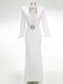 Elegant white deep V-neck long sleeve evening gown with crystal brooch detail - XS / Top And Bottom / White