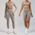 Seamless high-elastic yoga set for women featuring long sleeve top and leggings in taupe - XS / Top And Bottom / Stone