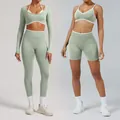 Sage green seamless high-elastic yoga set featuring white piping trim and long sleeves - XS / Top And Bottom / Pistachio Green