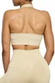 Back view of seamless halter yoga top and high-waist peach butt leggings in beige - S / Top And Bottom / Halter Top And Shorts / Khaki