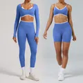 Blue seamless high-elastic yoga set with long sleeves and shorts for fitness women - XS / Top And Bottom / Provence Blue