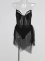 Detail view of a sexy black mesh evening dress with rhinestones and an irregular hemline. - S / Top And Bottom / Black