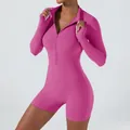Slim fit pink long sleeve romper yoga bodysuit with front zipper for women sports - S / Tops / Dragon Fruit