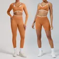 Seamless high-elastic yoga set in ginger featuring long sleeves and shorts options - XS / Top And Bottom / Pumpkin Orange