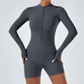 Grey long sleeve zip-up athletic bodysuit for women yoga dance and gym fitness wear - S / Tops / Volcanic Gray