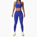 High-performance seamless royal blue yoga set with halter bra and high-waisted leggings - S / Top And Bottom / Halter Top And Leggings / Blue