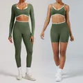 Seamless olive green yoga set with long sleeve top and leggings for women gym - XS / Top And Bottom / Army Green