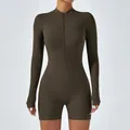 Dark brown long sleeve athletic romper with zipper front for yoga and fitness - S / Tops / Coffee