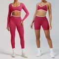 Women's seamless high-stretch magenta yoga set with long sleeve top and leggings - XS / Top And Bottom / Raspberry