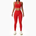 Professional red seamless halter neck sports bra and high waisted fitness leggings yoga set - S / Top And Bottom / Halter Top And Leggings / Red