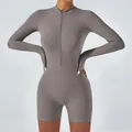 Zip-up long sleeve yoga bodysuit romper in taupe for fitness and dance - Flaxen