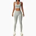 Seamless light gray yoga fitness set featuring halter neck sports bra and high-waist leggings - S / Top And Bottom / Halter Top And Leggings / Grey Blue