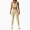 Women's two-piece seamless halter yoga set in beige featuring high-waisted gym leggings - S / Top And Bottom / Halter Top And Leggings / Khaki