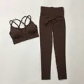 Two-piece dark brown seamless yoga set featuring high waist peach butt leggings and sports bra - S / Top And Bottom / Cami Top And Leggings / Coffee