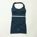 Two-piece seamless teal yoga set with halter sports bra and high-waisted scrunch shorts - S / Top And Bottom / Halter Top And Shorts / Dark Green