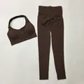 Two-piece chocolate brown seamless high-waisted yoga set with halter neck sports bra - S / Top And Bottom / Halter Top And Leggings / Coffee