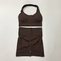 Two-piece dark brown seamless yoga set with halter bra and high-waisted scrunch shorts - S / Top And Bottom / Halter Top And Shorts / Coffee