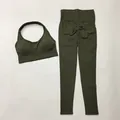 Professional seamless olive green yoga set with halter neck bra and peach butt leggings - S / Top And Bottom / Halter Top And Leggings / Army Green