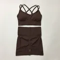 Two-piece chocolate brown seamless yoga set with criss-cross bra and scrunch shorts - S / Top And Bottom / Cami Top And Shorts / Coffee