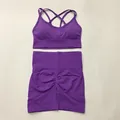 Purple seamless yoga set with high waist scrunch shorts and cross-back sports bra - S / Top And Bottom / Cami Top And Shorts / Purple