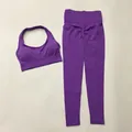 Purple two-piece seamless yoga set featuring high waist scrunch leggings and halter bra - S / Top And Bottom / Halter Top And Leggings / Purple