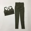 Seamless olive green yoga set with high waist leggings and cross-strap sports bra - S / Top And Bottom / Cami Top And Leggings / Army Green