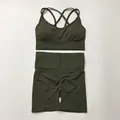 Seamless olive green yoga set featuring a cross-back sports bra and high-waisted shorts - S / Top And Bottom / Cami Top And Shorts / Army Green