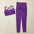 Two piece seamless purple yoga set featuring high waist scrunch leggings and cross back bra - S / Top And Bottom / Cami Top And Leggings / Purple