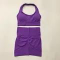 Seamless purple yoga set featuring a halter sports bra and high-waisted scrunch shorts - S / Top And Bottom / Halter Top And Shorts / Purple