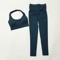Two-piece seamless yoga set with halter bra and scrunched leggings in dark teal - S / Top And Bottom / Halter Top And Leggings / Dark Green