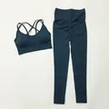 Two-piece seamless dark teal yoga sports set featuring crisscross bra and leggings - S / Top And Bottom / Cami Top And Leggings / Dark Green