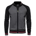 Men's fashion casual zip-up knit cardigan jacket featuring black and grey color block - M / Tops / Black