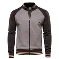 Men's casual patchwork knit cardigan jacket with standing collar and striped cuffs in brown - M / Tops / Brown