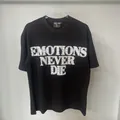 Black American high street loose cotton T-shirt featuring rhinestone Emotions Never Die text - S / Black