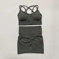 Seamless dark grey two-piece workout set with high-waist shorts and cross-back sports bra - S / Top And Bottom / Cami Top And Shorts / Dark Gray