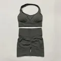 Seamless gray workout set with halter sports bra and high-waisted scrunch shorts - S / Top And Bottom / Halter Top And Shorts / Dark Gray