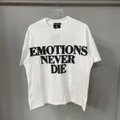 Oversized white T-shirt featuring black rhinestone Emotions Never Die typography design - S / White