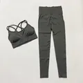 Seamless two-piece yoga set with high waist leggings and cross-back sports bra in olive green - S / Top And Bottom / Cami Top And Leggings / Dark Gray