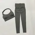 High-waisted seamless peach butt yoga set including sports bra and leggings in dark olive - S / Top And Bottom / Halter Top And Leggings / Dark Gray