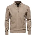 Men's casual khaki knitted cardigan sweater with zipper and diamond texture pattern - M / Tops / Khaki