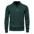 Dark green men's casual knitted zip-up sweater jacket featuring a diamond textured knit pattern - M / Tops / Green