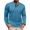 Professional studio shot of a men's light blue long sleeve Henley shirt with pocket - Light Blue
