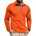 Men's orange long sleeve Polo shirt with checkered contrast collar and pocket detail - Orange