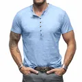 Detail of light blue short sleeve Henley shirt in textured slub cotton fabric - Light Blue
