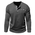 Men's dark gray long sleeve Henley shirt featuring checkered collar and pocket trim - S / Tops / Black