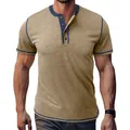 Detailed front view of a men's khaki Henley shirt with stylish blue contrast stitching. - S / Tops / Khaki