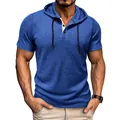 Close-up of premium blue hooded Henley T-shirt for men featuring adjustable drawstrings - S / Tops / Blue