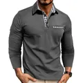 Polo de manga larga gris oscuro para hombre con un elegante ribete de cuadros fino - S / Tops / Gris